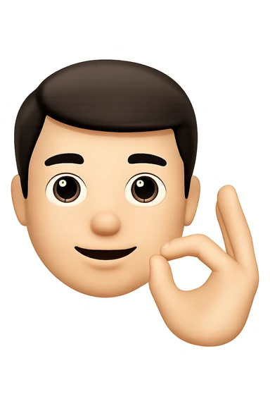 Edit the image to depict a man making an 'okey' hand sign in the style of apple emojis with normalized, natural-looking fingers. Maintain the apple emoji style but improve finger naturalness and normalization. sticker