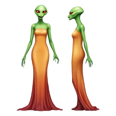 reptilian green alien woman, in long slim pastel orange formal party satin dress with gradient shiny sparkling dark red, full figure, full body sticker
