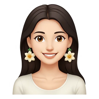 The image features a young woman with long, dark hair and a warm smile without showing tooth. She is wearing a white top and elegant floral earrings. Her expression conveys happiness and friendliness. The background is softly blurred with neutral tones, suggesting an indoor setting. The lighting is soft and natural, enhancing the relaxed and approachable feel of the image. sticker