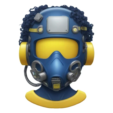 Dark Blue curly hair cyborg head with yellow respirator mask and circuitry sticker