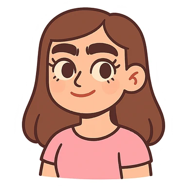 pastel toon style pretty girl with thick eyebrows, straight brown hair and brown eyes, curled eyelashes sticker