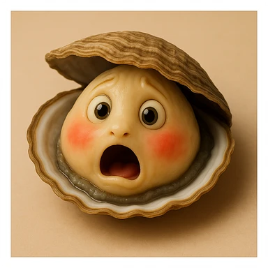 A cute oyster with a shocked expression, open mouth, round eyes, in photorealistic style. sticker
