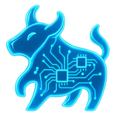 Make the bull logo much more abstract with emphasis on digital circuit elements, glowing blue, in glossy circuit style. sticker