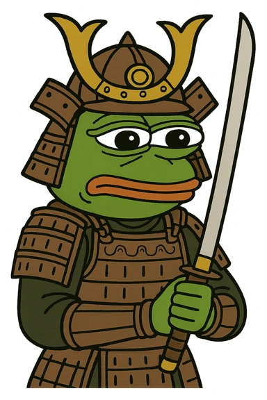 Pepe the Frog as a samurai with detailed armor and dramatic lighting, remove background, keep transparent background. sticker