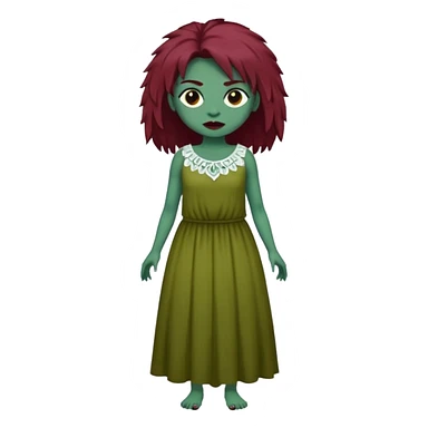 Faça uma garota com pele verde e que seja zombie, que tenha cabelo grande da cor vermelho marsala e que tenha uma franja e que seja liso mais enrolado nas pontas, e que esteja vestindo um sobre tudo(vestido sem alça) da cor branca  sticker