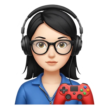 
gamer, woman shiny black hair no eyebrows with glasses, headphone, gamepad sticker