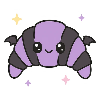 kawaii style gothic croissant, cute face, black and purple layers, tiny bat wings, fun and sweet sticker