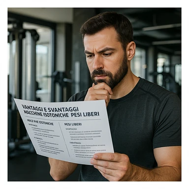 Realistic detailed scene of an adult man in a modern gym holding an informative brochure with Italian text about advantages and disadvantages of isotonic machines and free weights, reflective expression, 4K quality. sticker