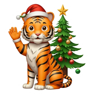 Happy tiger waving by a Christmas tree wearing a Santa hat sticker