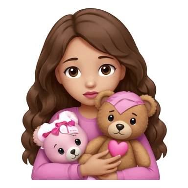 girl with long wavy brown hair, brown eyes, light to medium complexion, in a pink shirt, pink lips, long lashes, sad, hugging squeezing a teddy bear with bandaid hearts sticker
