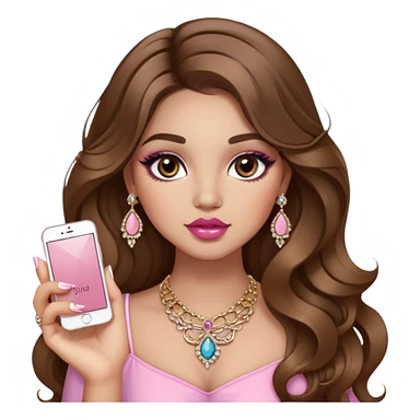 Light skinned girl, long wavy brown hair center-part with face framing pieces, big hazel eyes, lots of jewelry, trendy cute top, prominent blush, sassy, big lips, makeup, fancy long acrylic nails done, holding makeup. She is curvy sticker