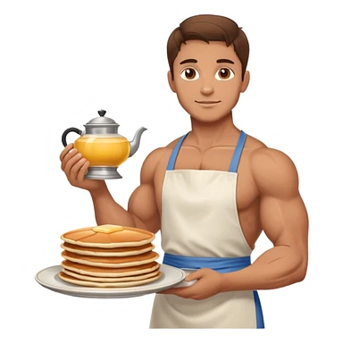 a big pumped-up guy with brown hair in an apron and with a plate of pancakes in one hand and a samovar in the other sticker