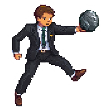 man in a suit kicking a rock on the ground, pixel art style sticker