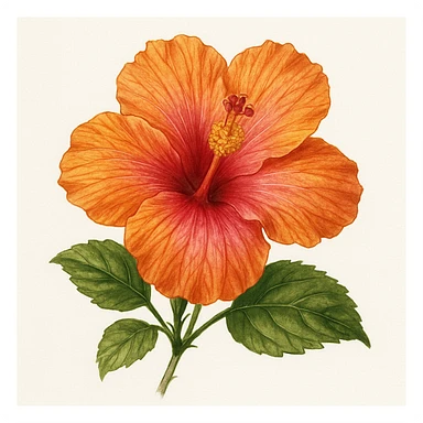 realistic hibiscus flower with orange and pink petals, detailed botanical illustration sticker