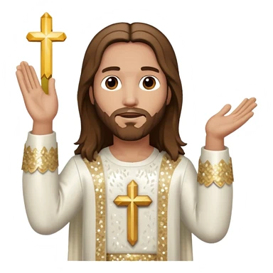 Jesus Christ from The Bible with long brown hair, white sequin outfit sticker