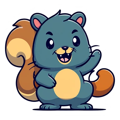 Cartoon squirrel with proper squirrel head shape, bushy tail, big front teeth, and massive exaggerated drool pouring from mouth, extremely hungry look sticker