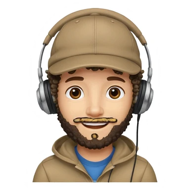 curly haired with headphones in and beard boy with cap sticker