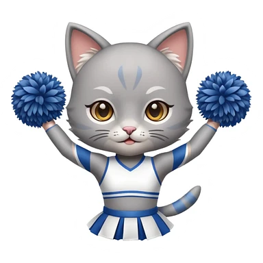 A cute chibi sleek grey cat cheerleader twirling pom-poms with confident energy. sticker