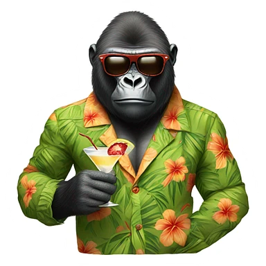 a gorilla wearing sunglasses and a hawaiian shirt, holding a martini sticker
