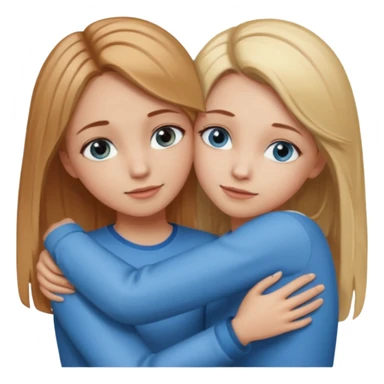 Two girls are hugging. One has dirty blonde hair with a little reddish in it. She has also grey eyes. Her hair is long and straight. The other girl is blonde and has really bright blue eyes sticker