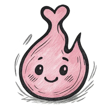 sweet cartoonish pink flame with heart-shaped tip, bold outlines, cute facial features, hand-drawn style with expressive shadows and highlights sticker
