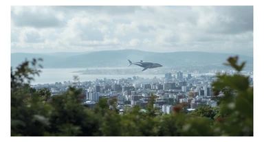 A cinemaatic still of a city, blurred plants in the foreground, huge whales fly above city sky, rolling hills in the background, cinematic depth of field, layered composition, natural lighting sticker