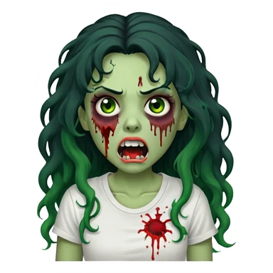 a zombie with long curly black hair volumoso, brown eyes, a white t-shirt and a splash of blood on her t-shirt, mouth open like a zombie, green skin color, not much expression, no drawing on shirt, no hands showing, less blood on her face,  sticker