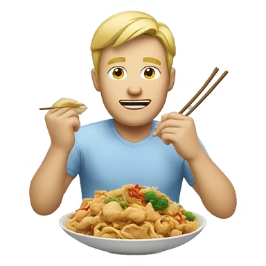 Blonde man eating Chinese food sticker