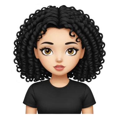 a pretty bratz girl with curly black hair, eyeliner, wearing a black tshirt sticker