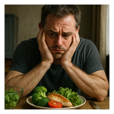 hyperrealistic man looking very struggling to follow a diet, frustrated or discouraged expression, sitting at a table with healthy food in front, visibly tempted or conflicted, realistic environment, detailed, intense atmosphere sticker