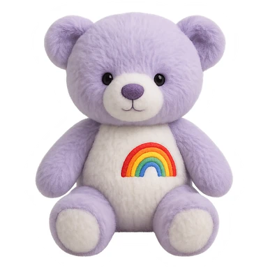 Add a rainbow patch to the purple and white teddy bear, keep it soft and plush, no shadows, flat lighting, no background. The style should maintain the soft and plush look of the teddy bear with flat lighting and no shadows. sticker