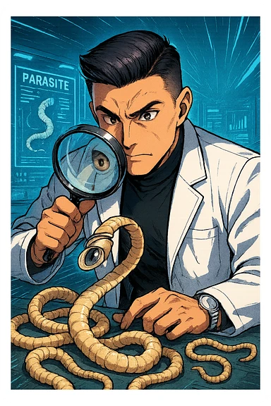 A dynamic manga/webtoon-style illustration of a young male kinesiologist wearing a clean white lab coat, analyzing light beige worms like a tapeworm under a magnifying glass. His expression is focused and slightly intrigued, with sharp, detailed eyes. The art style is vibrant, with bold linework, rich colors, and dramatic lighting. The background is a futuristic laboratory with glowing holographic screens displaying parasite data. The tapeworm is intricately drawn, slimy and segmented, with a slightly exaggerated yet realistic texture. The composition is dynamic, with motion lines or energy effects to emphasize his scientific investigation. The atmosphere is intense but not dark, keeping a balance between scientific seriousness and stylish manga aesthetics sticker