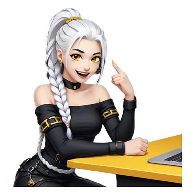 ghibli style, she is laughing outrageously and pounding her fist on the table, a closeup portrait of young woman with gold yellow eyes, white hair, long braid, black off-shoulder top, punk gothic style, futuristic cyberwave cyberpunk, sitting position
 sticker