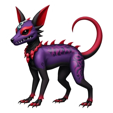 Gothic Black red purple Scaley Exotic Salandit-Umbreon-Noibat-Houndoom-Fakémon-hybrid-creature (full body), 4 legs, skull face mask sticker