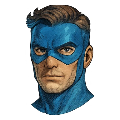 face with blue superhero mask, digital illustration sticker