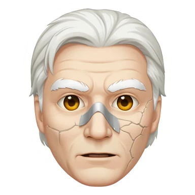 white haired man with half white mask, mask is cracked sticker