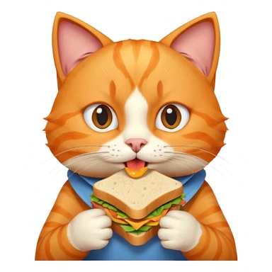cute orange cat portrait, head and shoulders only, biting a sandwich, funny expression, 3D cartoon, mobile game icon style, clean background, no text, no watermark sticker