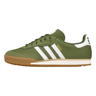 two khaki green adidas samba with a brown flat sole sticker