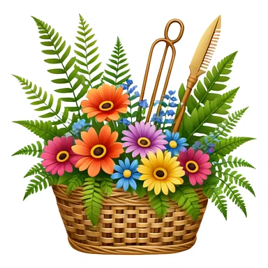 Icon for Floristry: a bouquet of flowers in a woven basket, with reeds, ferns and floral arranging tools like scissors and a flower stem. The icon should represent creativity in flower design and arranging. Transparent background. sticker