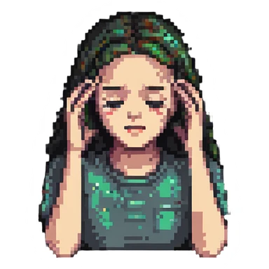 sad girl holding her head, showing headache sticker