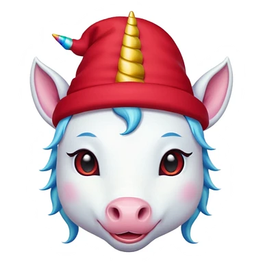 unicorn face cute wearing cute red hat, horn piercing through the hat looking in the camera sticker