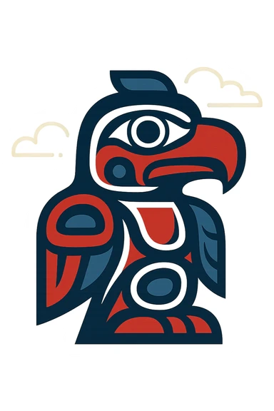 bold modern logo representing Totemism inspired by Pacific Northwest Native American totem poles, stylized abstract eagle head with geometric and organic motifs, limited color palette of red black white and blue, clean iconic easily recognizable design reflecting indigenous artistry and spiritual symbolism sticker