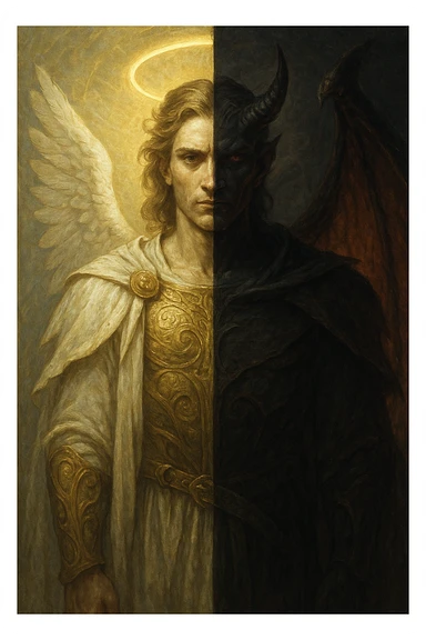 A character that is half demon and half angel, split down the middle, with one side angelic featuring a halo, white wing, and glowing aura, and the other side demonic with a horn, red wing, and dark aura, highly detailed, dramatic lighting, fantasy art style sticker