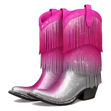 Realistic hot pink to silver ombre pair of fashion cowgirl boots with sparkly shiny glitter fringe on them. sticker