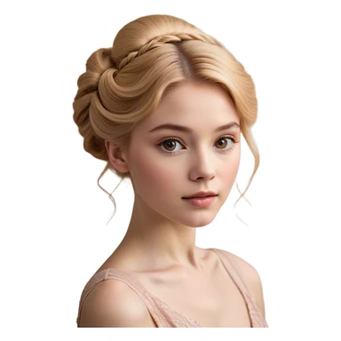 Cinematic Realistic Cinderella Portrait, depicted with lifelike skin texture, subtle rosy undertones, and soft natural lighting that enhances the gentle contours of her face. Her intricately detailed golden blonde hair is elegantly styled in an updo, with delicate wisps framing her face. Her deep, expressive blue eyes radiate warmth and sincerity, reflecting a quiet resilience and grace. She holds a glass slipper gently in one hand, her other hand resting gracefully at her side, emphasizing the timeless beauty of the moment. She is dressed in her iconic ball gown, the fabric shimmering with intricate embroidery and fine translucent layers that catch the light beautifully. The soft sheen of satin gloves adds a magical touch to her graceful pose. The portrait features an enchanting glow with a natural, luminous finish, seamlessly blending realism and fairytale charm to evoke a sense of depth, elegance, and timeless beauty. sticker