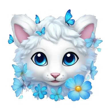 Edgy Cute Cool Kawaii gorgeous sparkly ethereal white fantasy animal creature with blue eyes sona with flowers and butterflies beautiful aesthetic sticker