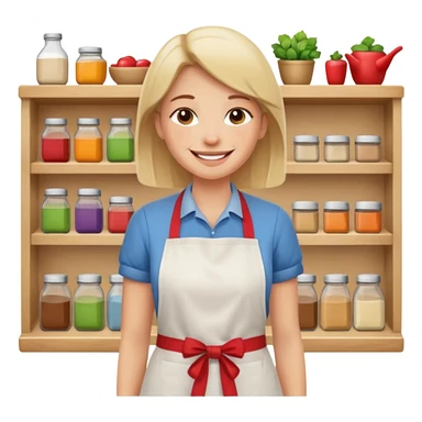 grown  2D line-drawn character + small bright shop sticker