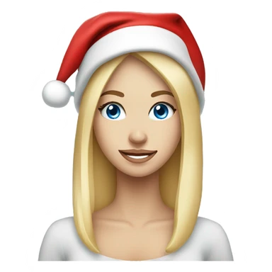 Beautiful blonde blue eyed woman, wearing red santa hat sticker