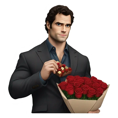 realistic photo of Henry Cavill holding roses and chocolates sticker