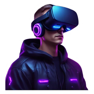 Russian man wearing a black hoodie with "OMG" letters on it and VR headset in a cyberpunk VR environment with violet neon lighting. sticker